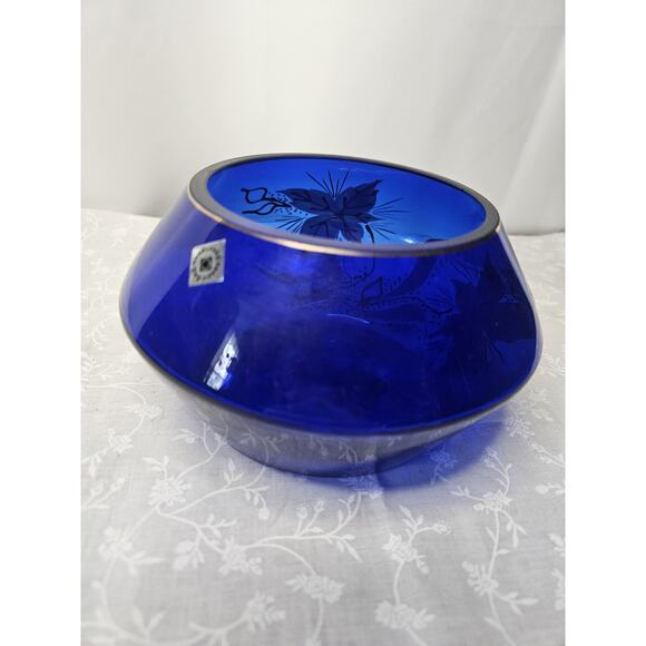 Bohemian Art Glass Short Vase in Cobalt Blue with Enameled Flowers & Gold Detail - Picture 4 of 10